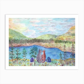 Cats Have Fun Cats On A Hike On A Lake In The Mountains Art Print