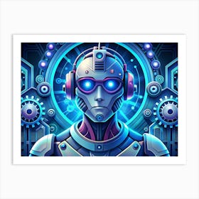 Futuristic Cyborg With Headphones And Glowing Eyes Art Print