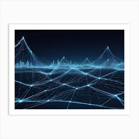 Abstract Image Of A Blue, Glowing, Wireframe Landscape With A Cityscape In The Background Art Print