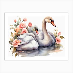 Swans With Roses Art Print