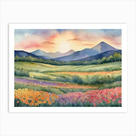 Default A Painting Of A Sunset Over A Field Of Flowers And Mou 0 1 Art Print