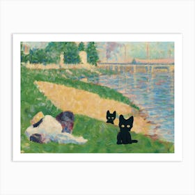 The Seine With Clothing On The Bank, Georges Seurat Inspired  Cat Art Print