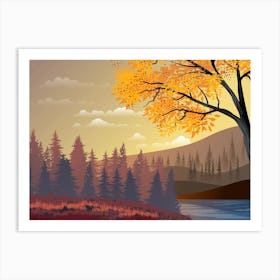 Trees Sunset Lake River Fall Water Clouds Sky Environment Art Scenic Scenario Horizon Panorama Nature Art Print