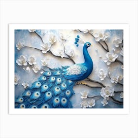 3d Background Blue Peacock on Branch with Flowers Art Print