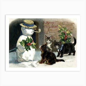 Snowman And Three Freezing Cats Art Print