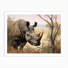 Black Rhinoceros Grazing In The African Savannah Realism 3 Art Print