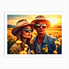 Young Couple In The Field At Sunset Art Print