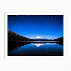 Snowy Peak Of A Mountain Range Mirrored Perfectly On The Serene Surface Of A Star Lit Lake Midnight Art Print