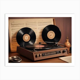 A Retro Image Of A Vintage Record Player With Vinyl Records, Headphones, And Sheet Music On A Wooden Table Art Print