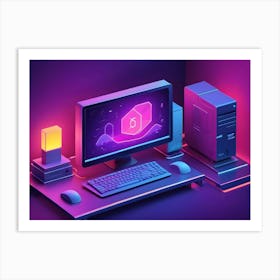 A 3d Rendering Of A Computer Workstation In A Dark Room Lit With Neon Pink And Blue Light Art Print