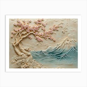 Beautiful Sakura Tree And Mountain 3d Painting Art Print