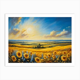 A Sun Drenched Pastoral Scene Unfolds Featuring Towering Sunflowers Reaching For The Bright Golden (1) Art Print