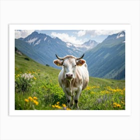 A Closeup On A Pure White Cow Ambling Leisurely In A Verdant Alpine Meadow The Beast Exuding Pure C (3) Art Print