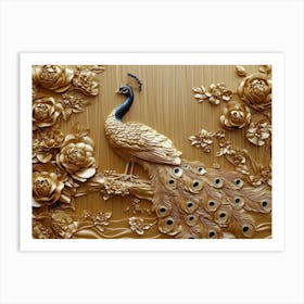 Golden 3d Peacock with Jewelry and Floral Illustrations on Wooden Art Print