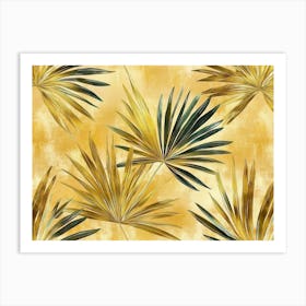 Palm Leaves Illustration In Gold Art Texture Natural Beige Colors 3d Seamless Pattern Abstract Art Print