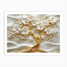 3d Art with Gold Tree Life White Pearl and Flowers Art Print