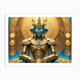 A Golden Robot Wearing A Crown Sits On A Throne Made Of Gold Coins, Symbolizing Power, Wealth, And Technology Art Print