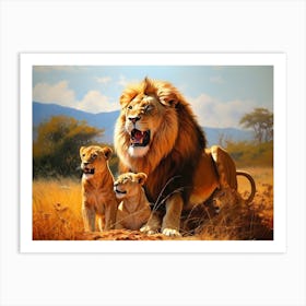 African Lion With Cubs Realism Painting 2 Art Print