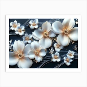 Sophisticated 3d Artwork Design, White and Blue Tones, Golden Jewelry, Floral Motifs Art Print