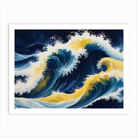 Stylized Illustration Of Large, Powerful Waves With Vibrant Yellow Crests Crashing In A Dark Blue Ocean Art Print