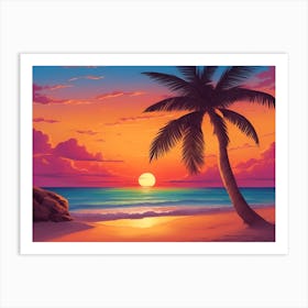 A Tranquil Beach At Sunset Horizontal Illustration 60 Art Print