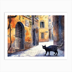 Black Cat In Rome, Italy, Street Art Watercolour Painting 7 Art Print