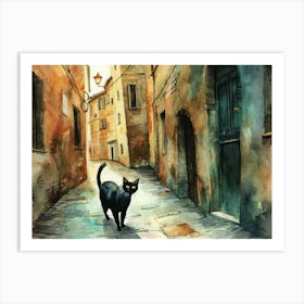 Black Cat In Siena, Italy, Street Art Watercolour Painting 3 Art Print