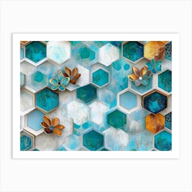 Turquoise And Blue Elements Blend With White Lattice And Brown Hexagons Abstract Art Print