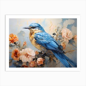 Blue Bird and Flowers Art Print