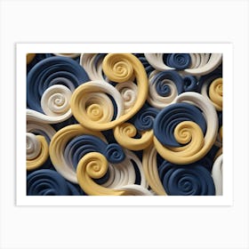 A Repeating Pattern Of Blue, White, And Yellow Swirls Creates A Three Dimensional Abstract Background Art Print