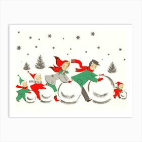 Whole Family Rolling Snowballs, Funny Greeting Art Print