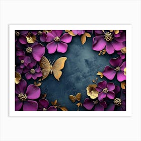 Purple Flowers With Gold Butterflies Art Print