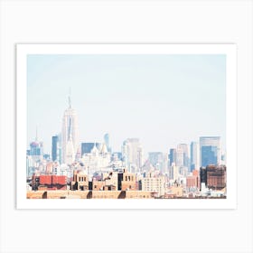 New York, USA I Retro vintage Manhattan skyline to industrial cityscape brick architecture and orange red aesthetic photography with the silhouette of skyscrapers like Rockefeller from the brooklyn bridge Art Print