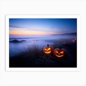 Jack O Lanterns With Eerie Glows Emanating A Soft Light Scattered Along A Desolate Shoreline Early (4) Art Print