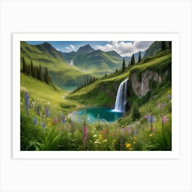 Waterfall In Lush Green Mountains With Wildflowers And Lake Art Print