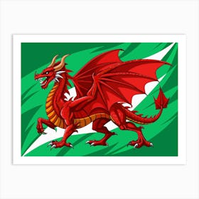 Red Dragon With Spread Wings On A Green And White Background Art Print