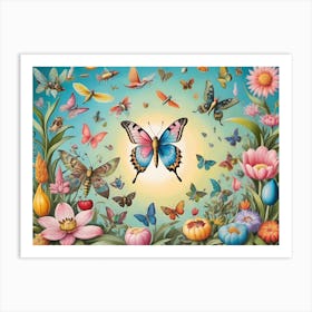 Flowers and butterflies  Art Print