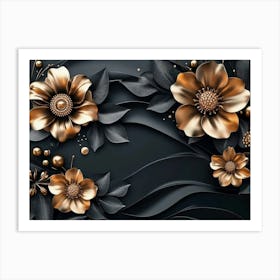 Gold Flowers On Black Background 8 Art Print