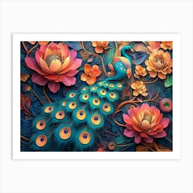 Elegant Leather Base Combines Bright Color Floral With Exotic Oriental Pattern Flowers And Peacocks 3 Art Print