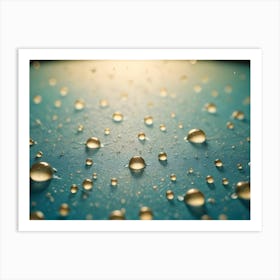 Close Up Shot Of Water Droplets On A Blue Surface, Illuminated By A Warm, Golden Light 1 Art Print