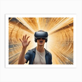 A Man Wearing A Vr Headset Experiences An Immersive Virtual Reality Environment With Golden Streaks Of Light Art Print