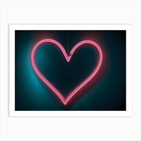 Neon Pink Heart Sign Against A Dark Teal Background, Creating A Vibrant And Romantic Effect Art Print