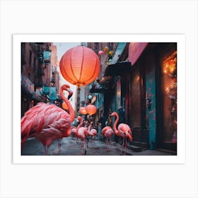 Flamingoes and lanterns Art Print