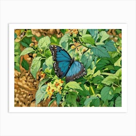 Blue Morpho Butterfly Among Flowers. A striking blue morpho butterfly elegantly rests on a cluster of yellow and orange flowers, surrounded by lush green leaves. The vivid blue of its wings contrasts beautifully with the warm, earthy tones of its environment. Art Print