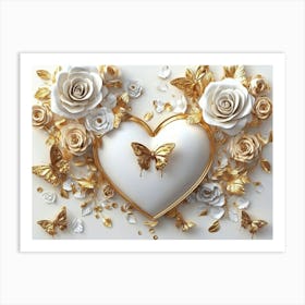 Gold Heart With Roses And Butterflies Art Print