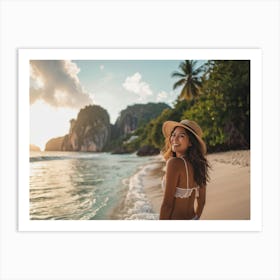 A Single Woman Embodying Leisure And Happiness Embarks On A Tropical Holiday To A Scenic Island In (2) Art Print