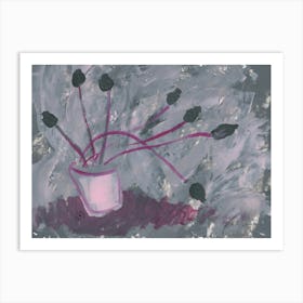 Dried Poppies In Gray And Magenta - flower floral hand painted living room bedroom Art Print