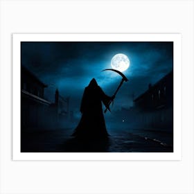 Silhouette Of A Sinister Reaper Scythe Raised Standing Against A Backdrop Of A Full Moon On Hallow (4) Art Print