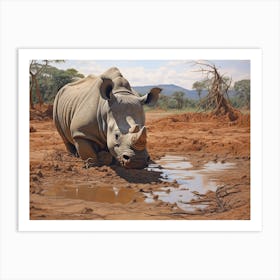 Black Rhinoceros Muddy Wallowing Realism 4 Art Print