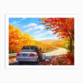 Autumnal Landscape Autumnal Leaves Cascading Down As A Car Adorned With Holiday Wreaths And Ribbon (5) Art Print